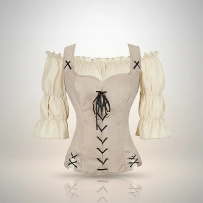 Ensemble corset beige avec chemisier crème de la tenue de la navigatrice pirate sur fond blanc vue de face.
