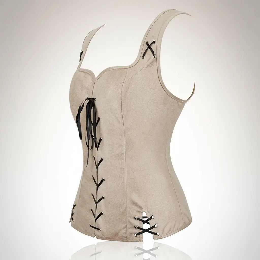 Corset beige de la tenue de la navigatrice pirate sur fond blanc vue latérale. 