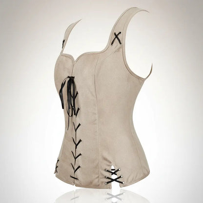 Corset beige de la tenue de la navigatrice pirate sur fond blanc vue latérale. 