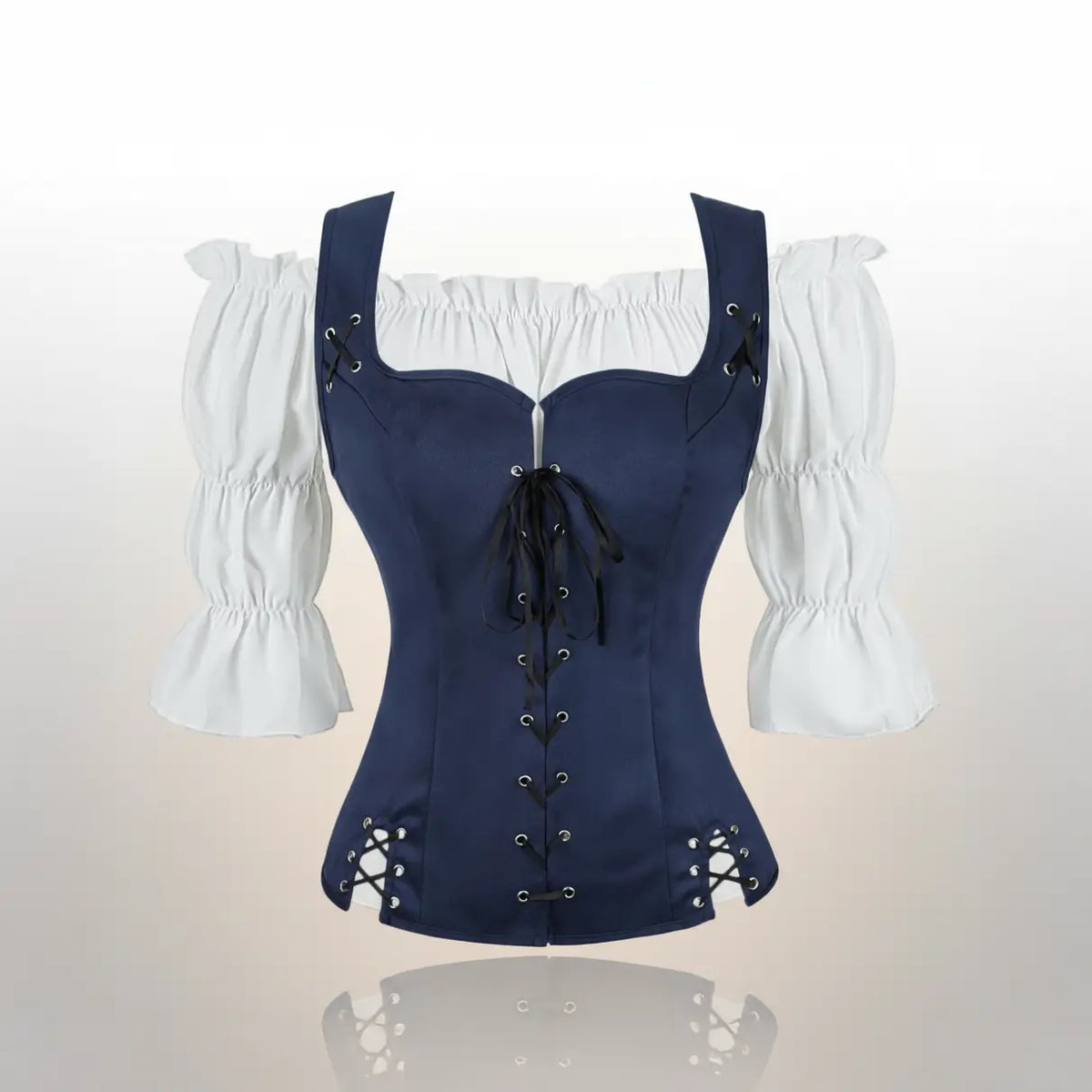 Ensemble corset bleu avec chemisier blanc de la tenue de la navigatrice pirate sur fond blanc vue de face.