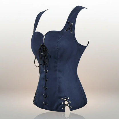 Corset bleu de la tenue de la navigatrice pirate sur fond blanc vue latérale. 