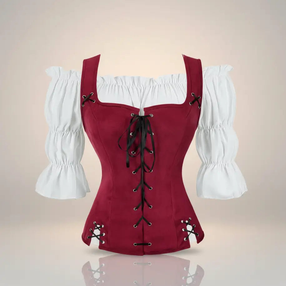 Ensemble corset bordeau avec chemisier blanc de la tenue de la navigatrice pirate sur fond blanc vue de face. 