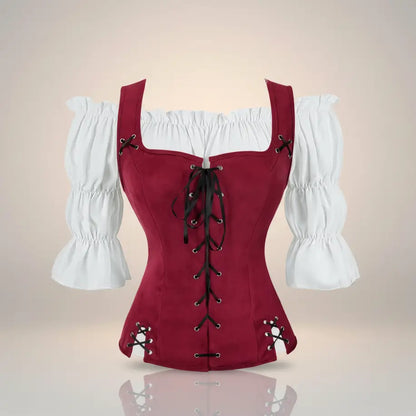 Ensemble corset bordeau avec chemisier blanc de la tenue de la navigatrice pirate sur fond blanc vue de face. 