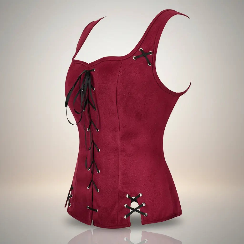 Corset bordeau de la tenue de la navigatrice pirate sur fond blanc vue latérale. 