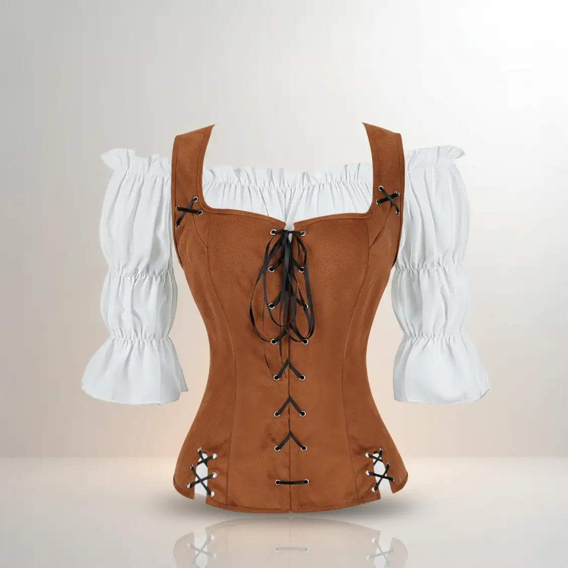 Ensemble corset brun avec chemisier blanc de la tenue de la navigatrice pirate sur fond blanc vue de face. 