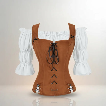 Ensemble corset brun avec chemisier blanc de la tenue de la navigatrice pirate sur fond blanc vue de face. 
