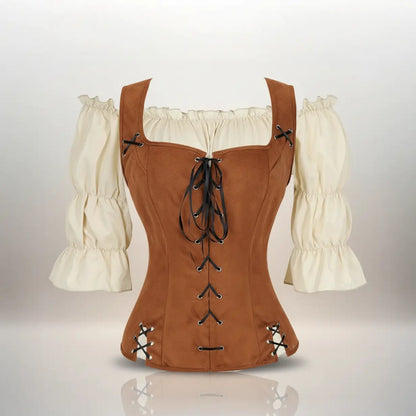 Ensemble corset brun avec chemisier crème de la tenue de la navigatrice pirate sur fond blanc vue de face. 
