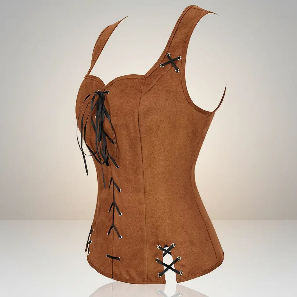 Corset brun de la tenue de la navigatrice pirate sur fond blanc vue latérale. 