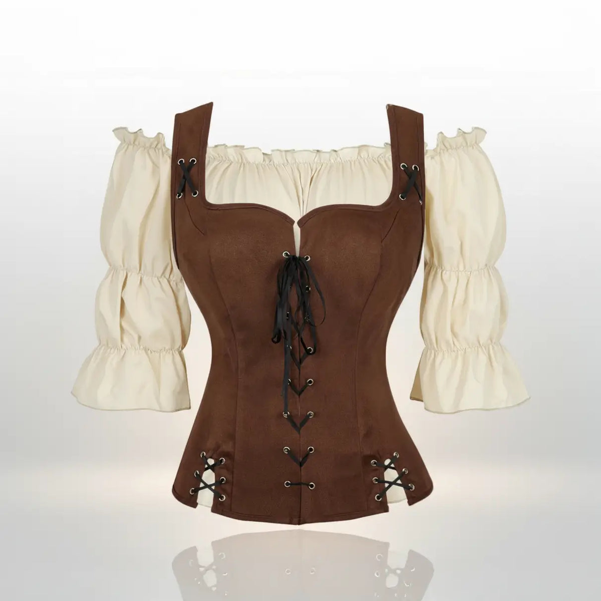 Ensemble corset chocolat avec chemisier crème de la tenue de la navigatrice pirate sur fond blanc vue de face. 