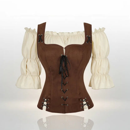 Ensemble corset chocolat avec chemisier crème de la tenue de la navigatrice pirate sur fond blanc vue de face. 