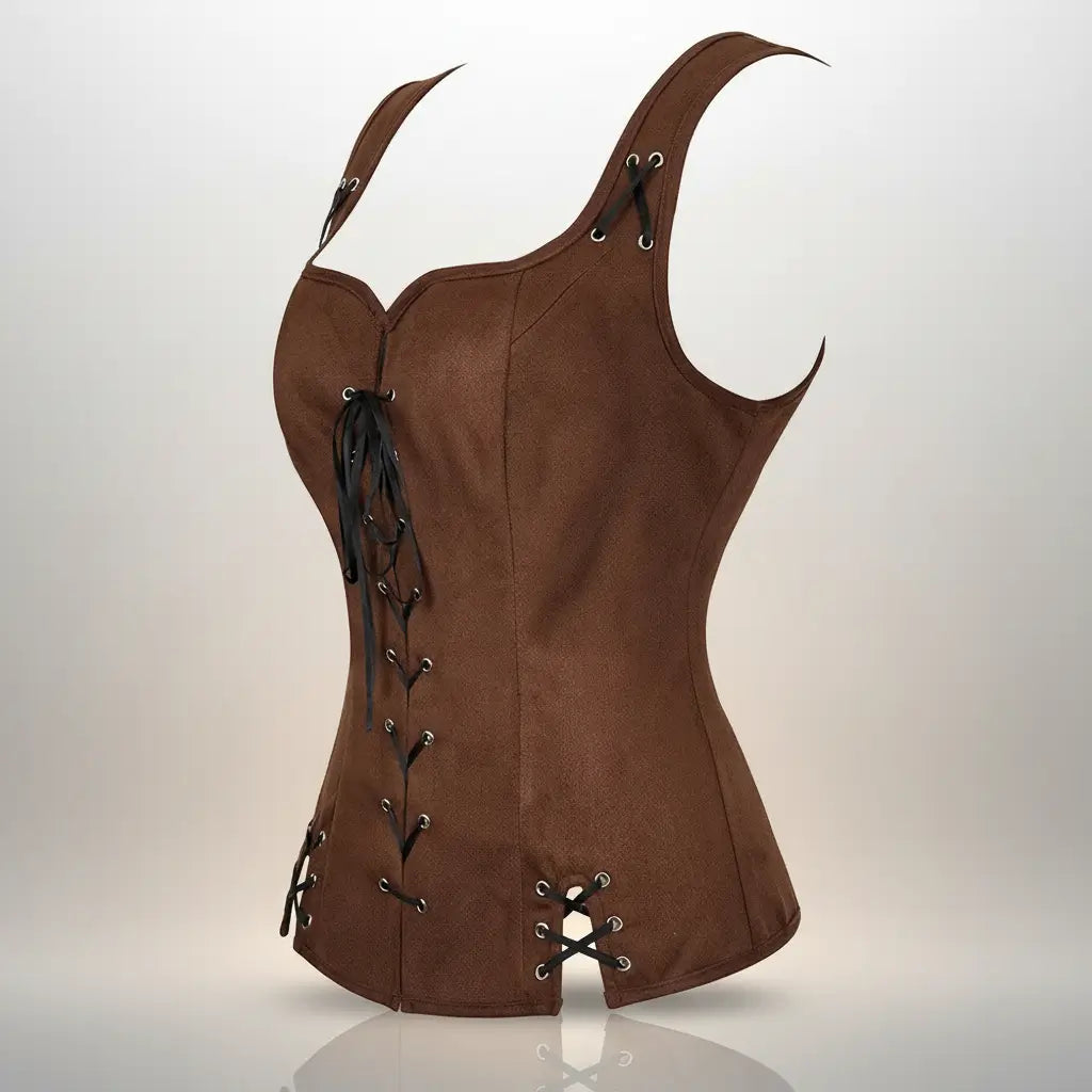 Corset chocolat de la tenue de la navigatrice pirate sur fond blanc vue latérale.