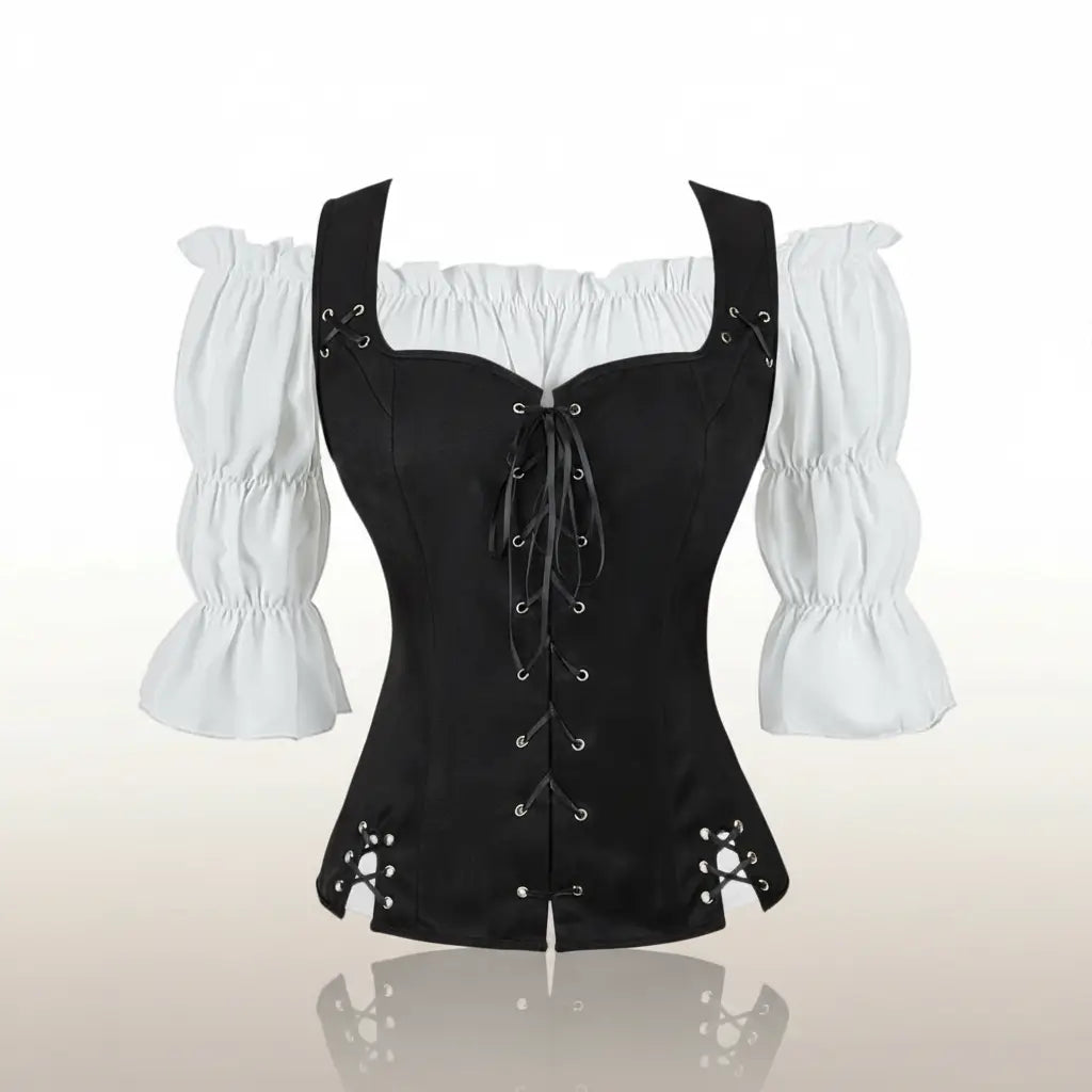 Ensemble corset noir avec chemisier blanc de la tenue de la navigatrice pirate sur fond blanc vue de face. 