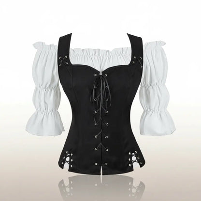Ensemble corset noir avec chemisier blanc de la tenue de la navigatrice pirate sur fond blanc vue de face. 