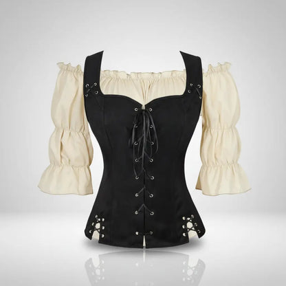 Ensemble corset noir avec chemisier crème de la tenue de la navigatrice pirate sur fond blanc vue de face. 