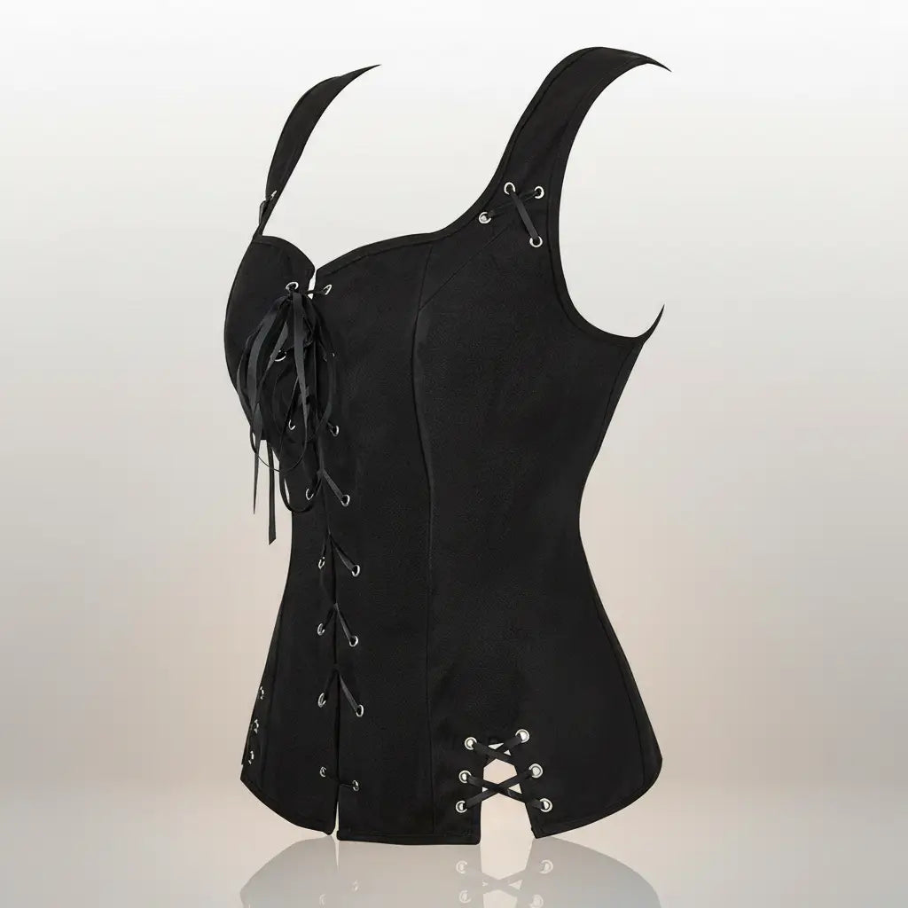 Corset noir de la tenue de la navigatrice pirate sur fond blanc vue latérale. 
