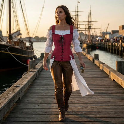 Tenue de la navigatrice pirate rouge bordeau portée sur un quai de port.