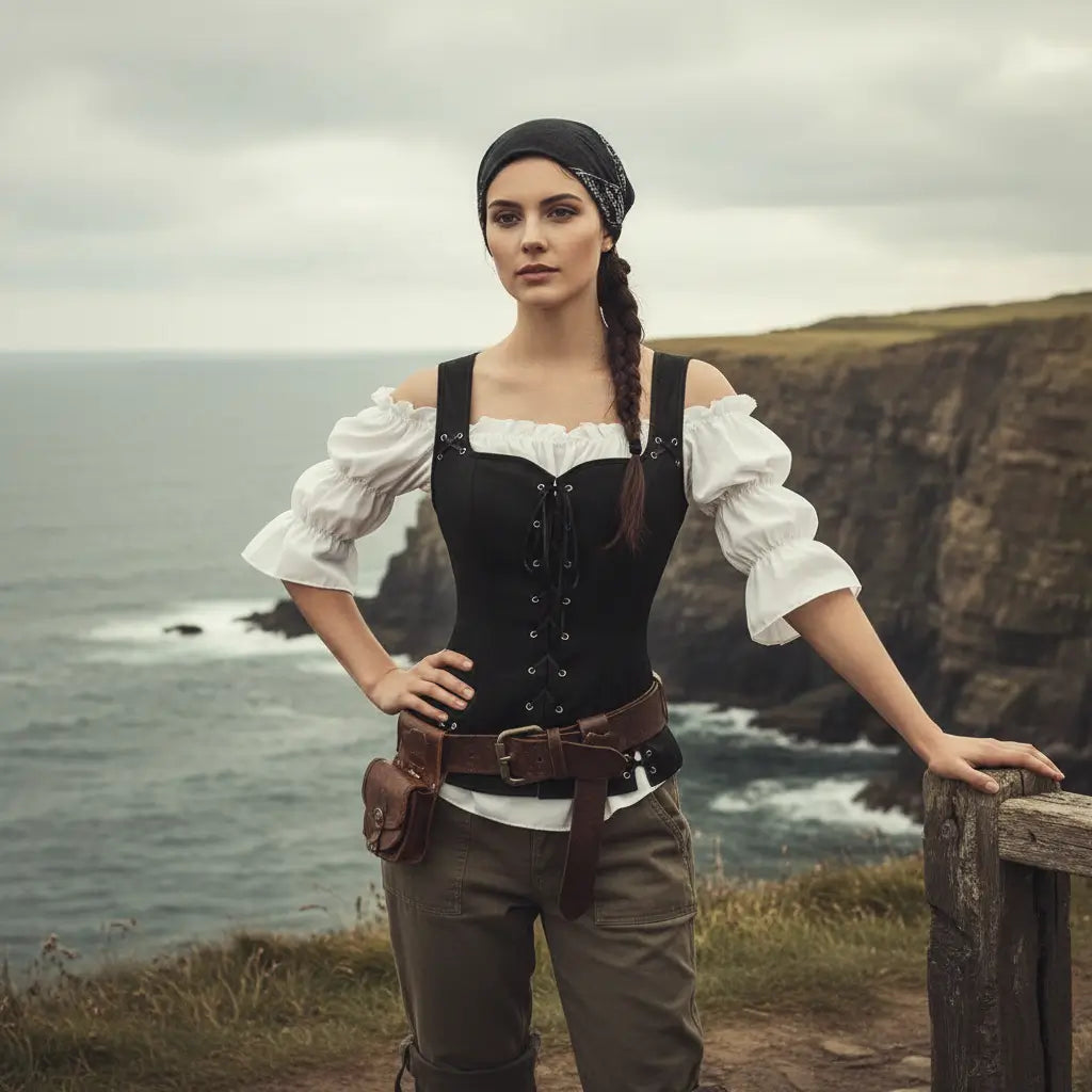 Tenue de la navigatrice pirate portée par une femme face à la mer sur une falaise.