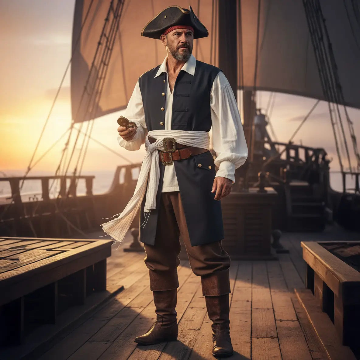 Homme portant la base du costume pirate des Caraïbes sur le pont d’un navire, avec la chemise blanche et le gilet bleu.