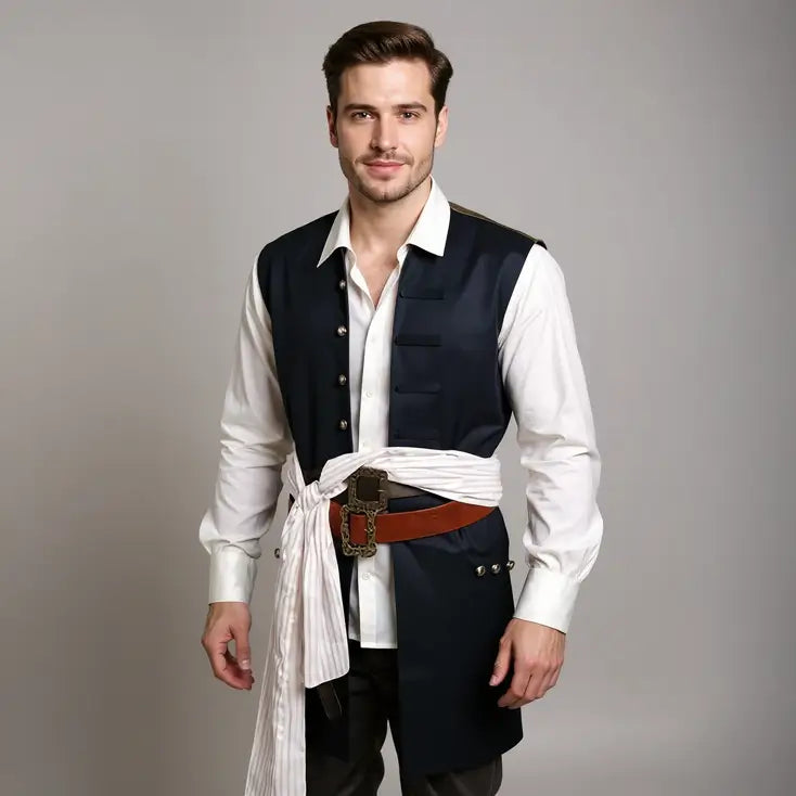 Homme portant la base du costume pirate des Caraïbes avec gilet bleu et ceinture marron sur fond neutre type studio.