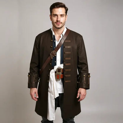 Costume pirate des Caraïbes composé d’une chemise blanche, d’un gilet bleu et d'une veste marron, déguisement complet inspiré de Jack Sparrow.