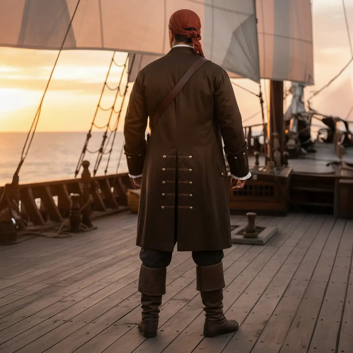 Vue arrière du costume complet pirate des Caraïbes, avec longue veste marron et ceinture, sur le pont d’un bateau.