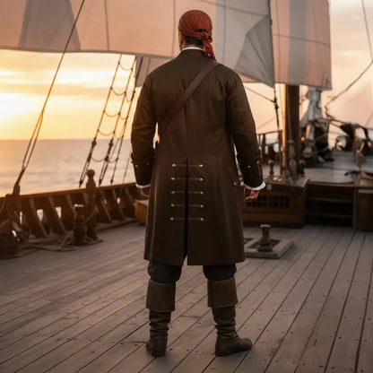 Vue arrière du costume complet pirate des Caraïbes, avec longue veste marron et ceinture, sur le pont d’un bateau.