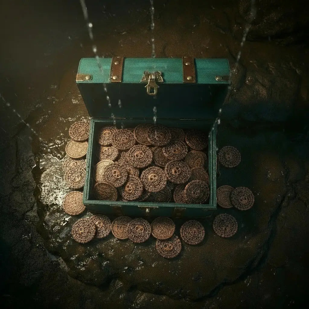 Coffre pirate sous la pluie, rempli de pièces anciennes en bronze, ambiance cinématographique sombre et réaliste.
