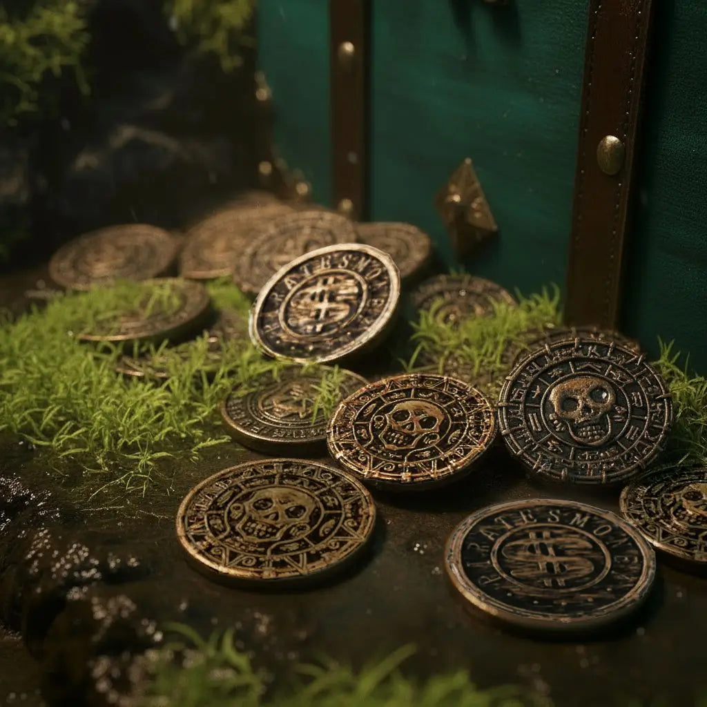 Pièces pirates en bronze éparpillées devant un coffre vert ancien, décor naturel avec mousse et lumière chaude.