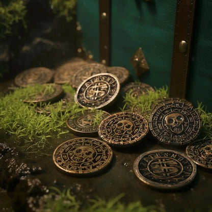 Pièces pirates en bronze éparpillées devant un coffre vert ancien, décor naturel avec mousse et lumière chaude.