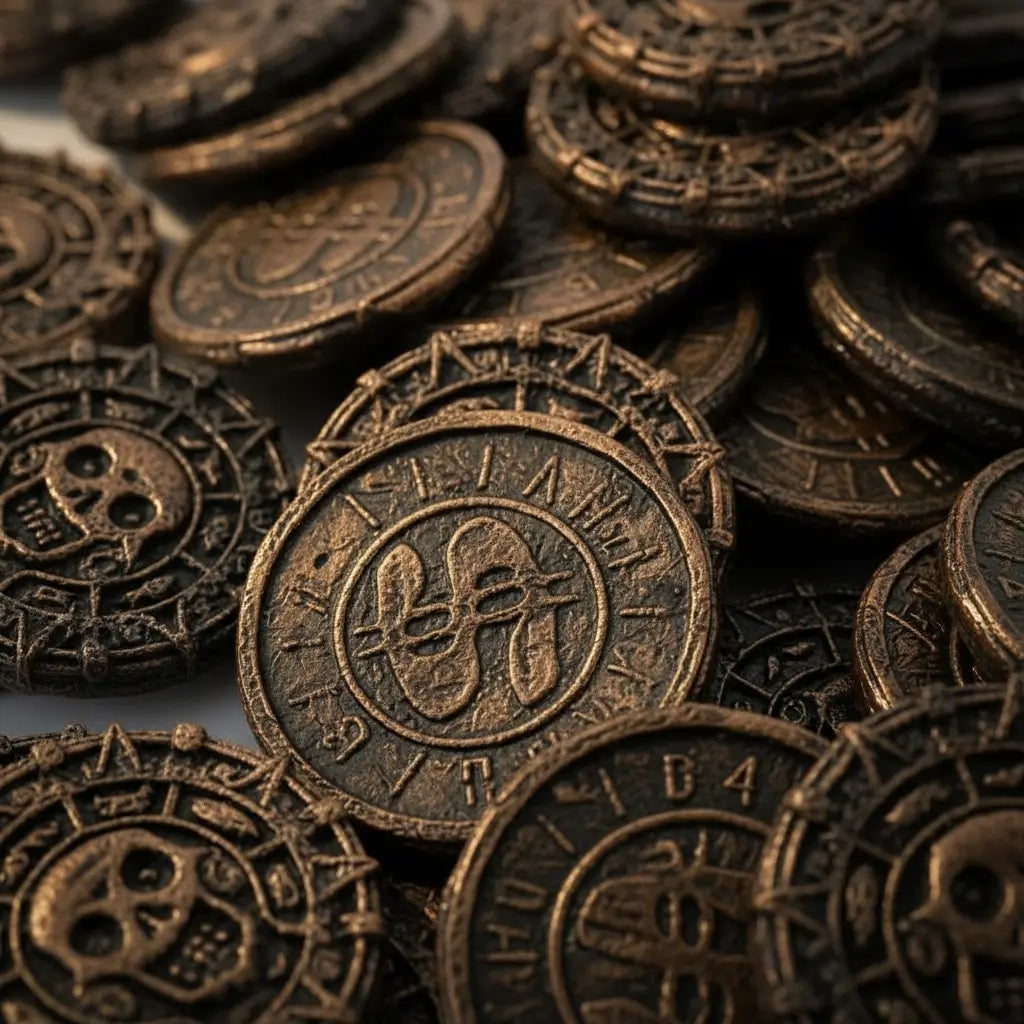 Gros plan sur les gravures détaillées des pièces pirates en bronze, texture ancienne et authentique.