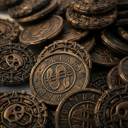 Gros plan sur les gravures détaillées des pièces pirates en bronze, texture ancienne et authentique.