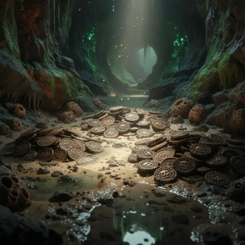 Pièces pirates en bronze dispersées dans une caverne éclairée par une lumière mystique, atmosphère de légende.