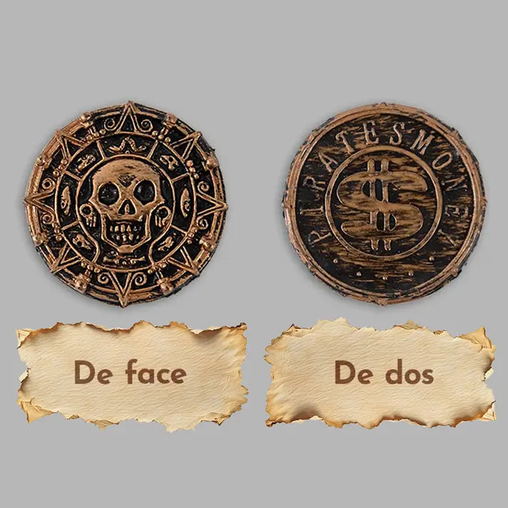 Pièces pirates en bronze présentées de face et de dos, symboles crânes et motifs marins gravés.