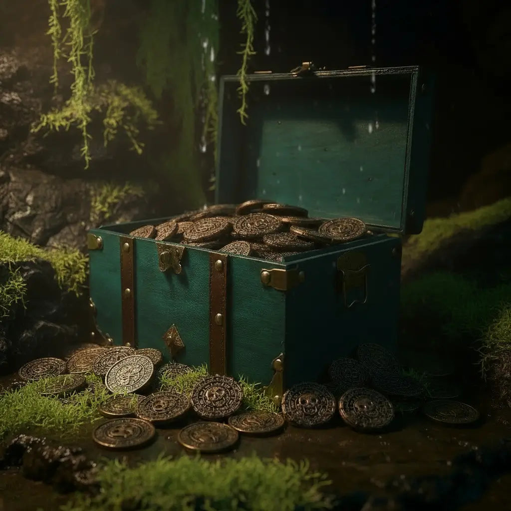Coffre pirate ouvert rempli de pièces en bronze, ambiance trésor enfoui dans une caverne tropicale.