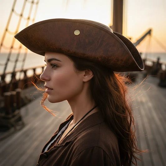 Femme pirate portant un tricorne authentique au coucher du soleil, symbole d’élégance et de liberté maritime.