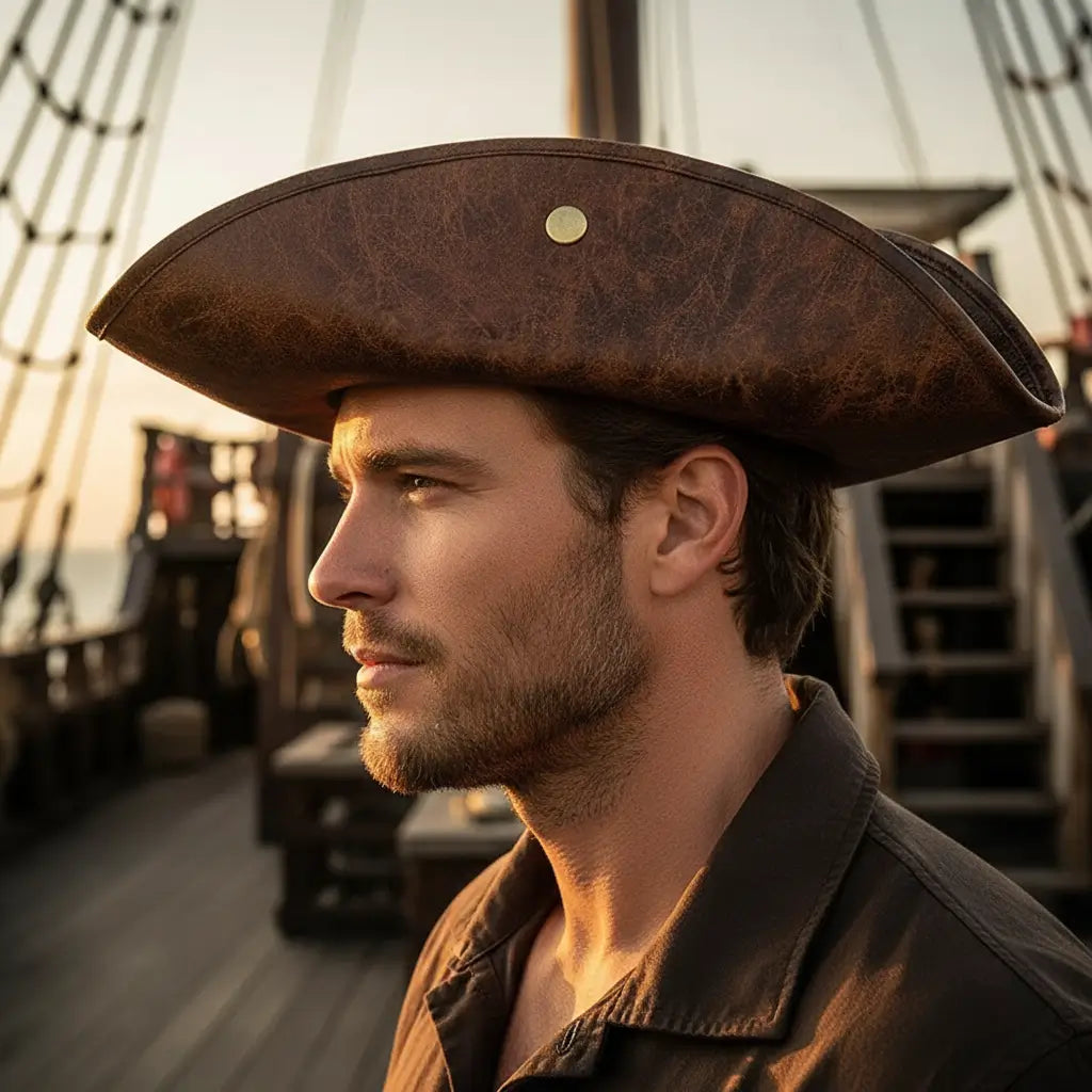 Tricorne authentique de pirate porté par un homme sur le pont d’un navire, ambiance marine et aventurière.