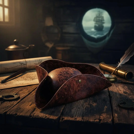 Tricorne marron vieilli posé sur une table en bois avec cartes et chandelle, accessoire emblématique du capitaine pirate.