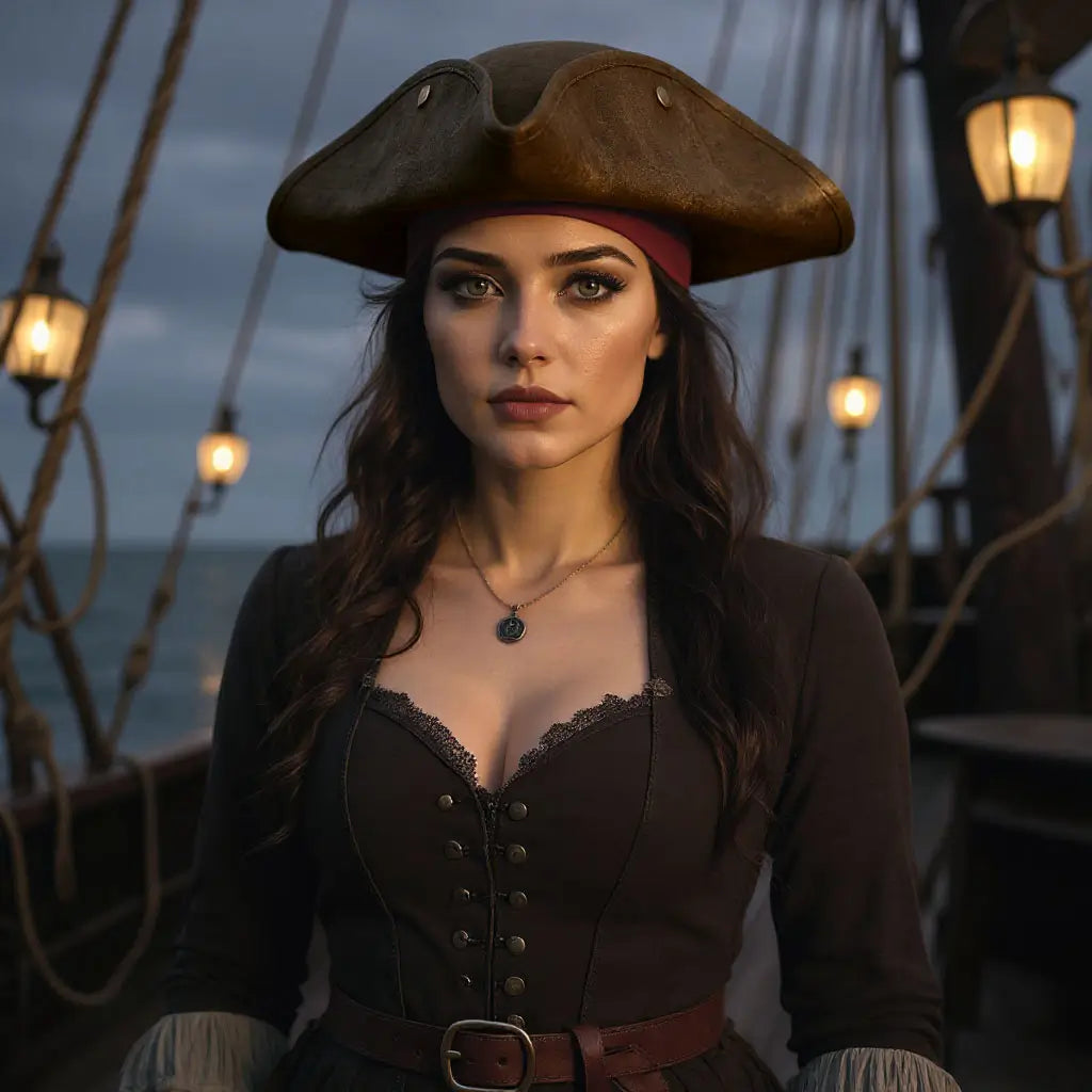 Femme pirate sur le pont d’un navire portant un tricorne marron, accessoire de la collection du Capitaine.