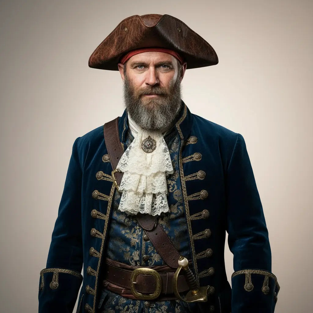 Capitaine pirate en manteau bleu portant un tricorne marron, symbole d’autorité et de prestige maritime.