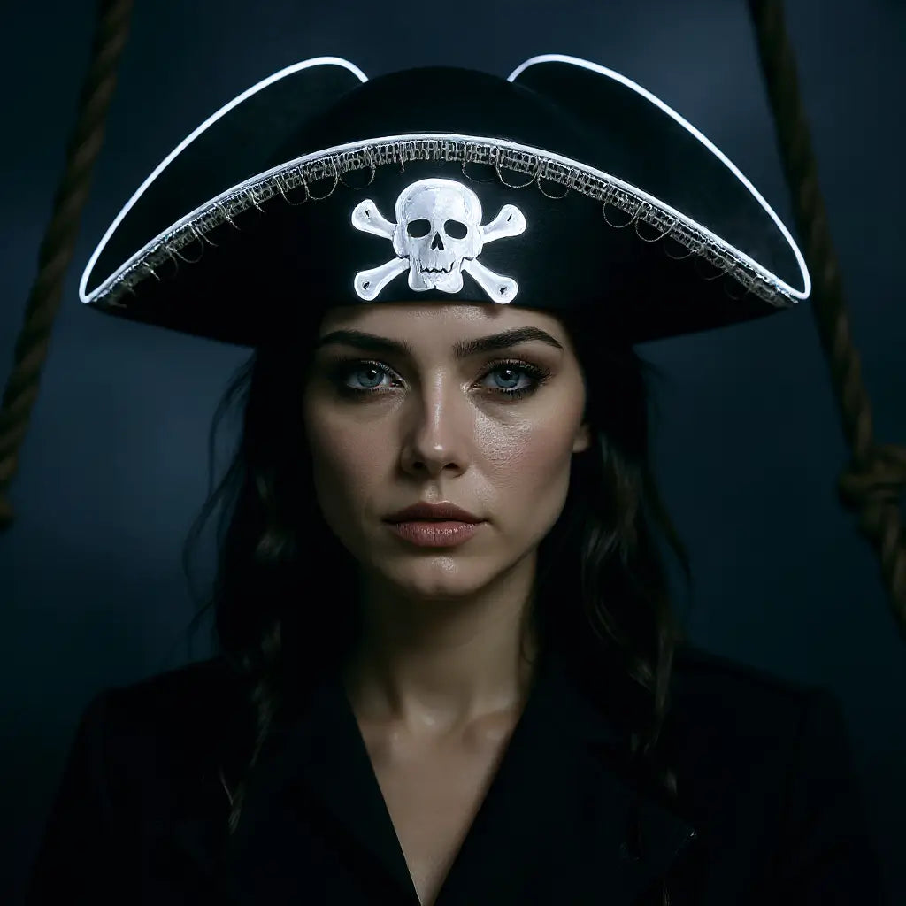 Capitaine femme avec tricorne LED blanc, ambiance maritime nocturne.