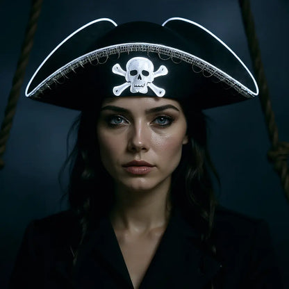 Capitaine femme avec tricorne LED blanc, ambiance maritime nocturne.
