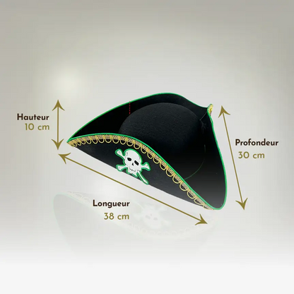 Dimensions du tricorne LED pirate : hauteur 10 cm, largeur 38 cm, profondeur 30 cm.