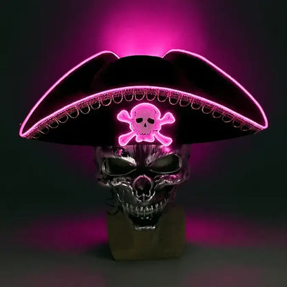 Chapeau pirate LED rose, lumière néon et crâne décoratif – collection TÉNÈBRE.