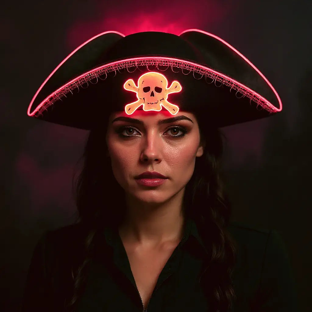 Femme pirate avec chapeau LED rouge, regard intense, style ténébreux et élégant.