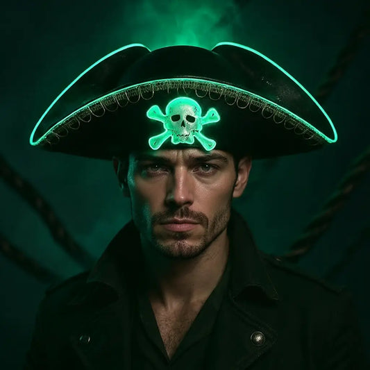 Portrait photo-réaliste d’un pirate portant le tricorne LED vert, lumière néon.