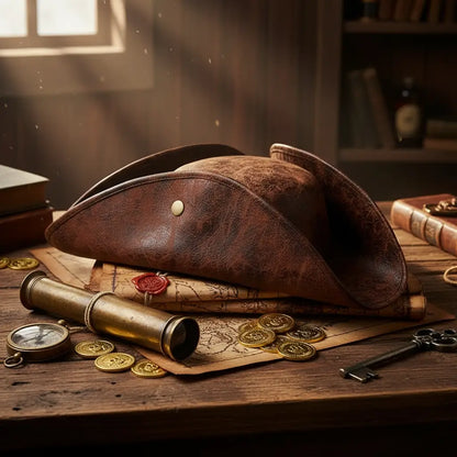 Tricorne de pirate posé sur une table de navire avec cartes et pièces d’or, symbole de prestige et d’aventure.
