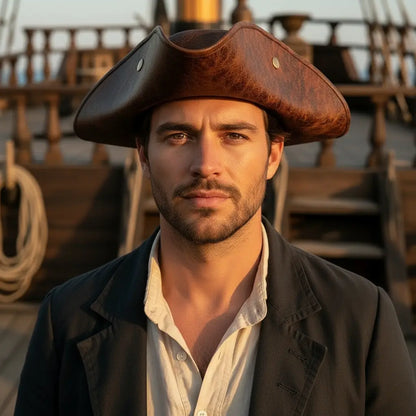 Portrait d’un capitaine pirate portant un tricorne authentique en cuir, accessoire emblématique de l’âge d’or de la piraterie.