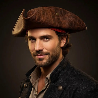Homme pirate portant un tricorne authentique marron, expression fière et posture de capitaine.
