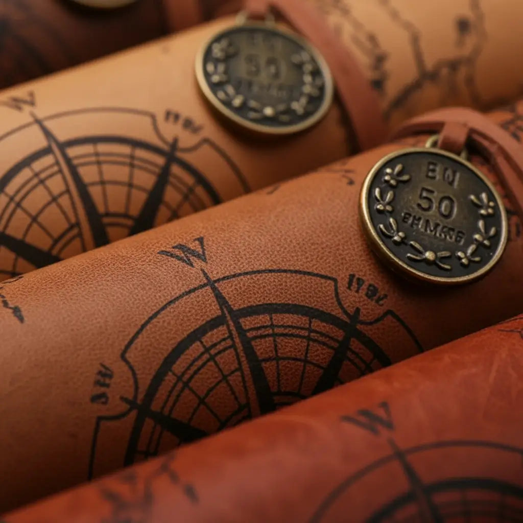Gros plan sur le cuir gravé de la trousse carte au trésor, motif de boussole et texture soignée.