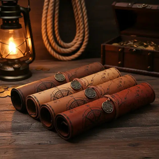 Ensemble de trousses carte au trésor enroulées sur une table en bois, style pirate artisanal.